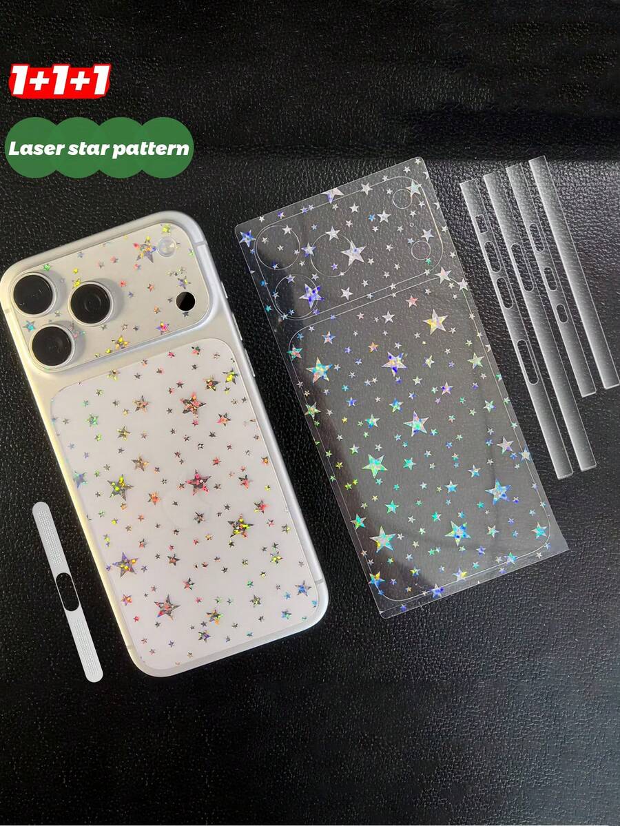 【1+1+1】兼容 17 Pro Max/17 Pro：1）彩色激光全息背贴，2）镜头底膜，3）激光星形背贴，DIY爱心贴纸，手机保护膜+1个扬声器/充电口防尘塞，高密度金属防尘网+1个超薄透明边框保护膜，全覆盖防刮屏幕保护必备品，适用于日常、办公、居家使用。手机屏幕保护膜，防水防震防摔防刮。