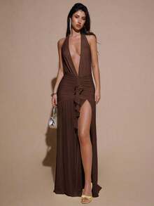 2026 Dresses For WomenBAE Sexy Minimalist Solid Yellow Cream Deep V-Neck Halter Bodycon Ruched Fitted Women's Maxi Mesh Dress, Suitable For Party, Cocktail, Formal Occasions, Bridesmaid, Birthday, Business Casual, Elegant Women Maxi Dress,Valentine's Day,Valentine Fits For WomenLoose And Comfortablevestidos - 咖啡棕 - 查看 1