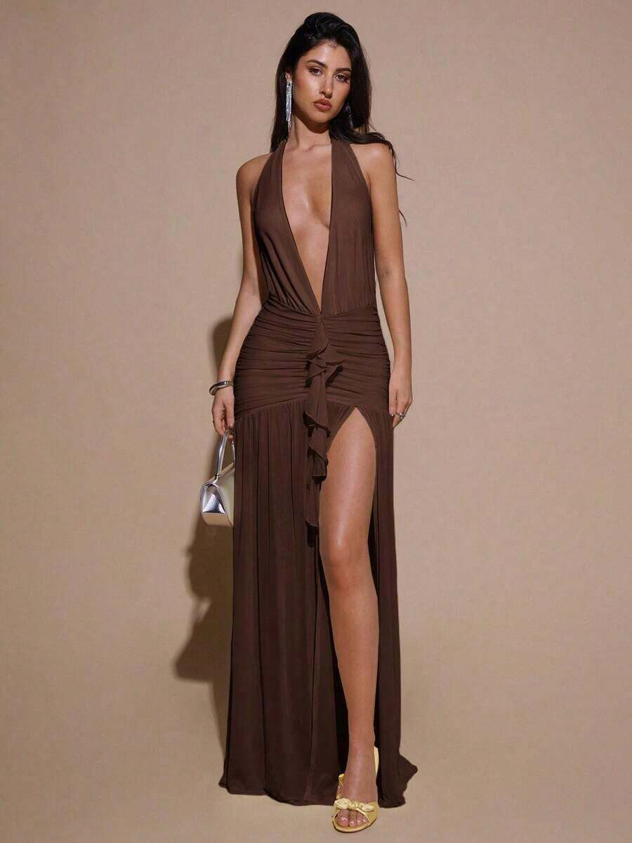 2026 Dresses For WomenBAE Sexy Minimalist Solid Yellow Cream Deep V-Neck Halter Bodycon Ruched Fitted Women's Maxi Mesh Dress, Suitable For Party, Cocktail, Formal Occasions, Bridesmaid, Birthday, Business Casual, Elegant Women Maxi Dress,Valentine's Day,Valentine Fits For WomenLoose And Comfortablevestidos - 咖啡棕 - 查看 1