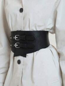 1pc Women's Versatile Personalized Black Silver Double Buckle Adjustable Waist Belt, Suitable For Daily, Party, Commute And Other Occasions - Black - View 4