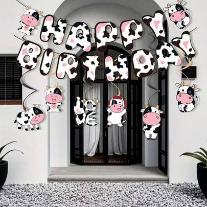1 Set Pink Cow Farm Theme Birthday Party Banner, Cow Birthday Party Spiral Hanging Decor, Farm Animal Party Streamer Decorations, Suitable For Indoor/Outdoor Garden Hanging Decor, Party Decorations, Graduation Ceremony, Back To School, Easter, Mother's Day, Father's Day And Wedding, Durable Paper Hanging Decor (No Electricity Required)