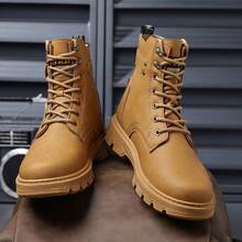 Men's High Top Combat Boots - Lace-Up Side Zipper Thick Sole Tactical Boots For Outdoor/Casual - Brown - View 4