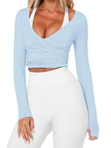 Women Ballet Wrap Top V Neck Solid Long Sleeve Self Tie Dance Shirt Pilates Yoga Tops Y2k Workout Active Blouses Clubwear For Daily Party - 淺藍色 - 查看 3