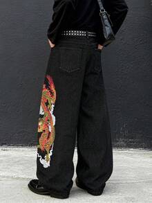 Quần jeans dáng rộng ONE.DINY phong cách retro Mỹ thêu hình rồng đen; quần thường ngày phong cách đường phố Gothic tối màu. - màu đen - Xem 2