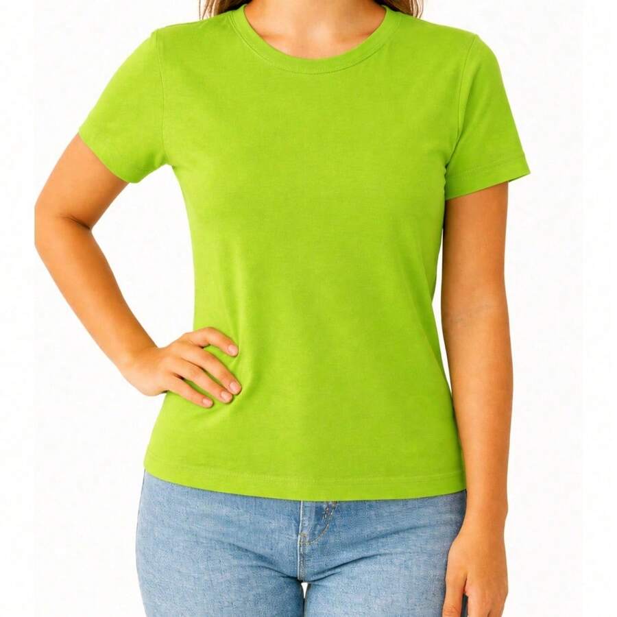Baby look Feminina Gola Redonda Malha PV - Verde Limão - Visão 1