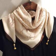 Magnetic Silk Scarf Buckle Chain Silk Scarf Small Square Scarf Spring, Autumn And Winter Advanced Sense Matching Shirt Scarf Neck Protection Scarf Women - Khaki With Meander Pattern - View 4