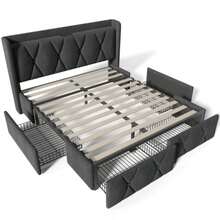 Polsterbett Mit Aufladen USB Ladefunktion Kopfteil Und 4 Schubladen, Doublebett 160x200cm Stauraumbetten Bettgestell, Lattenrost Aus Holz, Grau (Ohne Matratze) - Grey - View 4