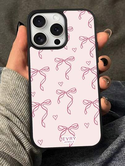 1个粉色爱心蝴蝶结UV印刷亚克力背板手机壳，柔软TPU保护套，时尚设计，兼容，情人节、生日、圣诞节、万圣节送给男友、家人和朋友的绝佳礼物