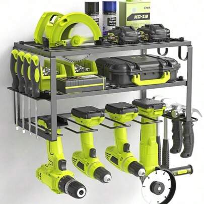 Organizador de parede reforçado para ferramentas elétricas, incluindo prateleiras e ganchos – Sistema de armazenamento robusto em metal para furadeiras, esmerilhadeiras, ferramentas sem fio, ideal para oficinas, garagens e porões.