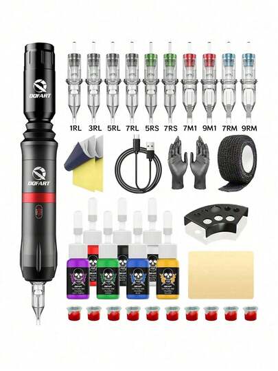 DQFART 1 Set Wireless Tattoo Gun Kit, Includes 1200mAh Power Adapter, Aluminum Alloy Tattoo Machine, And Complete Tattoo Pen Set. Suitable For Beginners And Tattoo Artists, Contains Tattoo Needles, Tattoo Ink, Practice Skin, And Various Tattoo Accessories, Applicable For Multiple Occasions.