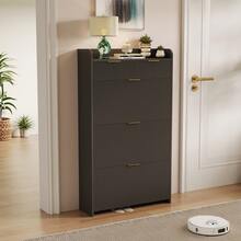 Schuhschrank mit 2 Schubladen, 3 Klappen mit verstellbarer Trennwand, Schuhschrank für 12 – 18 Paare, Schuhaufbewahrung für Eingang, Flur, Ankleidezimmer, 24 x 77 x 133 cm, Weiß/Schwarz - Schwarz - Übersicht 9