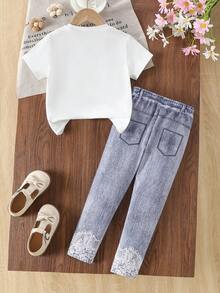 2 peças/Conjunto Menina Jovem Férias Casual Confortável Preto Laço Impressão de Malha Manga Curta Gola Redonda Camiseta Combinada com Calça Longa Impressão de Laço Bainha de Renda Branca, Adequado para Férias e Uso Diário - Branco - Visão 3