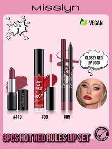 MISSLYN 3-Piece Passionate Red Lipstick Set, Matte Finish Long-Lasting Pigmented, Velvety Smooth Texture, Sensual Deep Red Powder Moisturizing, Fall In Love At First Use Plump Lip Gloss - #Hot Red - View 1