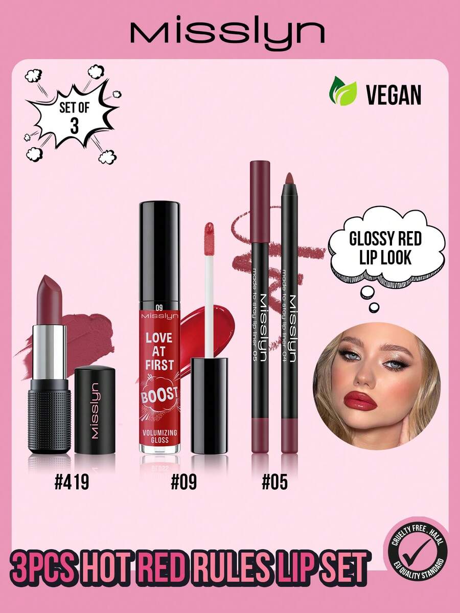 MISSLYN 3-Piece Passionate Red Lipstick Set, Matte Finish Long-Lasting Pigmented, Velvety Smooth Texture, Sensual Deep Red Powder Moisturizing, Fall In Love At First Use Plump Lip Gloss - #Hot Red - View 1