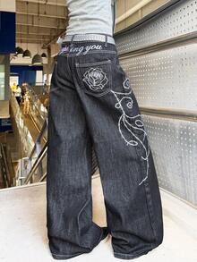 1 chiếc quần jeans nữ ống rộng thoải mái, phong cách đường phố Mỹ cổ điển, thêu họa tiết, đa năng (Không bao gồm thắt lưng/phụ kiện) màu đen, thích hợp mặc mùa xuân. - màu đen - Xem 1