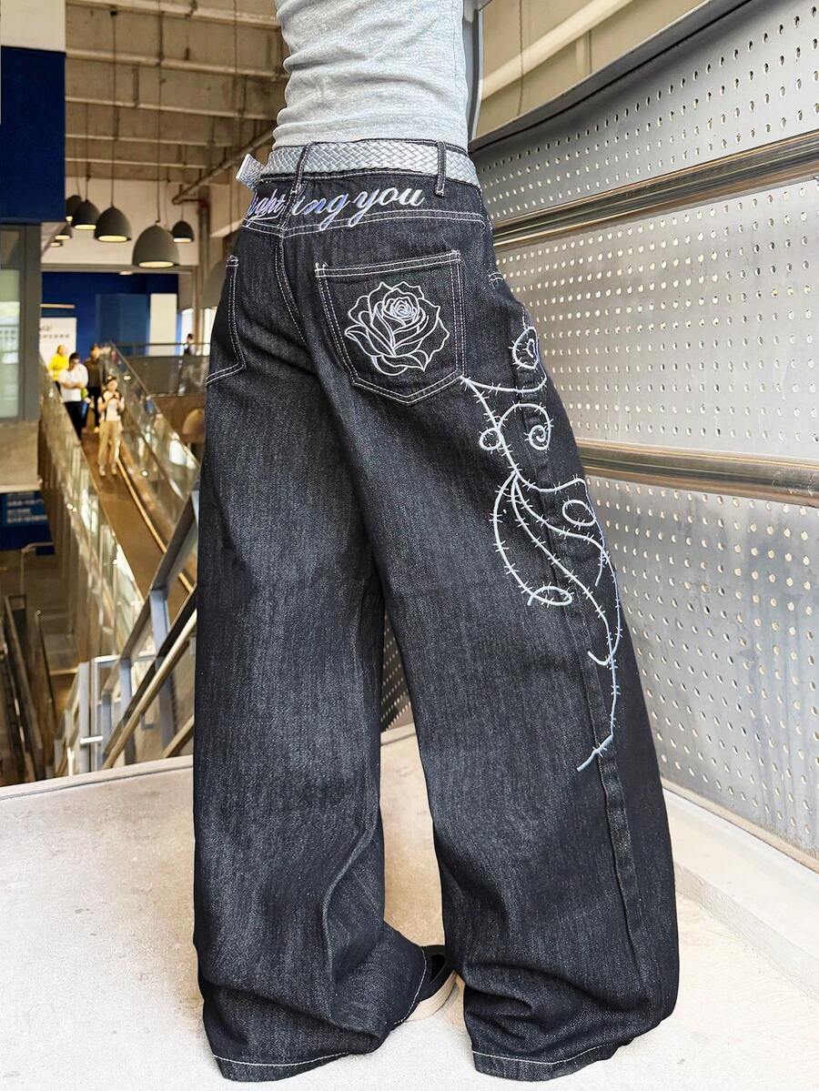 1 chiếc quần jeans nữ ống rộng thoải mái, phong cách đường phố Mỹ cổ điển, thêu họa tiết, đa năng (Không bao gồm thắt lưng/phụ kiện) màu đen, thích hợp mặc mùa xuân. - màu đen - Xem 1