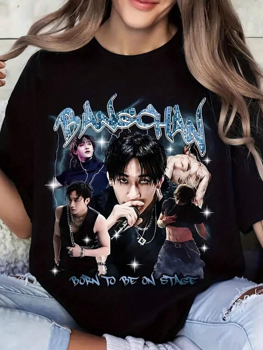 Vintage Stray Shirt - Unisex Kpop Graphic Tee Featuring The Design Born To Be On Stage, A Black Casual Short Sleeve T-Shirt Suitable For Both Men And Women, Halloween T-Shirt, Christmas Clothes, Perfect Gift For - 黑色20 - 查看 1
