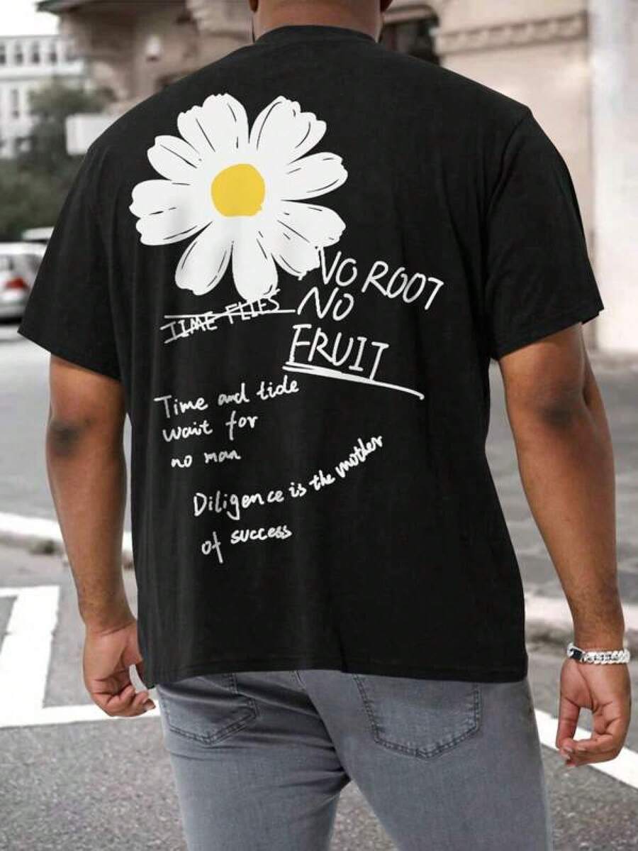 Shirts Manfinity Homme Men Plus Floral & Slogan Graphic Tee Men's Pure Cotton T-Shirt Effortless Styling, Showcase Your Unique Style - Black - View 1