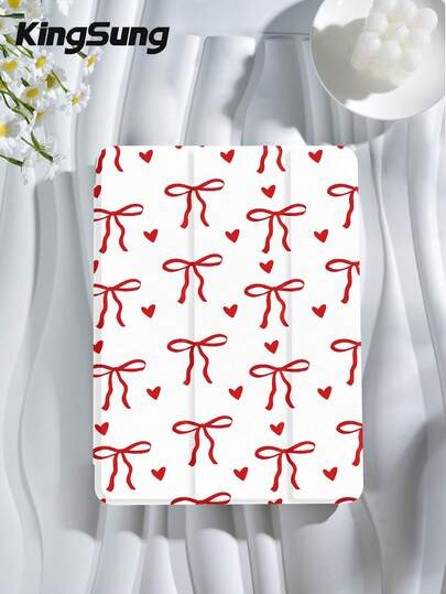 Kingsung 红色领结爱心图案平板电脑保护套，兼容 iPad 9.7/10.2/10.5/10.9/12.9/Pro 11（第十代），兼容三星 Galaxy Tab S6 Lite 10.4 英寸，兼容 Kindle Paperwhite（第十二代，2024 年款），Kindle（第十一代，2022 年款），Kobo Clara Color，柔软防摔，智能支架/自动唤醒/睡眠功能