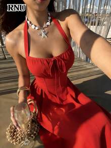 RNU 女士红色纯色度假休闲连衣裙，荷叶边前系带，可爱优雅的细肩带，不对称露背设计，松紧腰身，A字裙摆，夏季新品，优雅时尚，适合派对、泳池派对、约会、度假、旅行、休闲、生日、婚礼宾客等场合。 - 紅色 - 查看 6