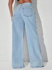 Pearl Embellishment Low Waist Wide Leg Casual Blue Slanted Pocket Curved Women'S Jeans - Baby Blue - View 2