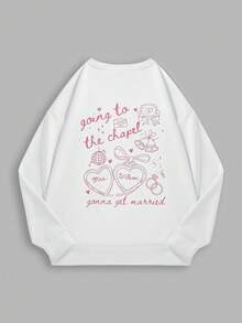 100%纯棉爱心印花宽松露肩卫衣，情人节 - 白色 - 查看 15