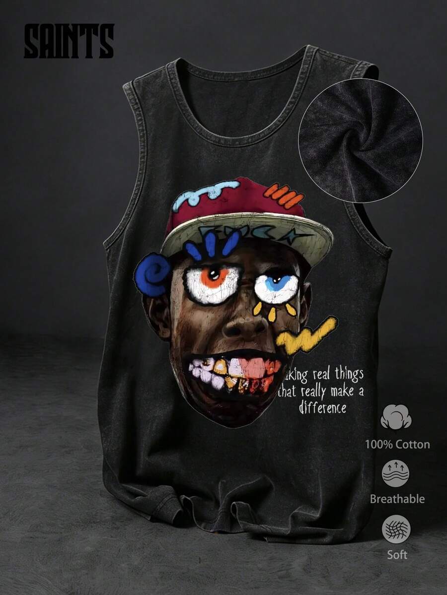 Áo tank top không tay kiểu vintage Mỹ, họa tiết graffiti, phong cách đường phố. - màu đen - Xem 1