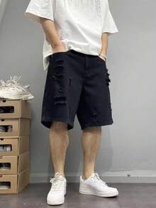 Men's Casual Distressed Denim Jeans For Summer - Black - View 1