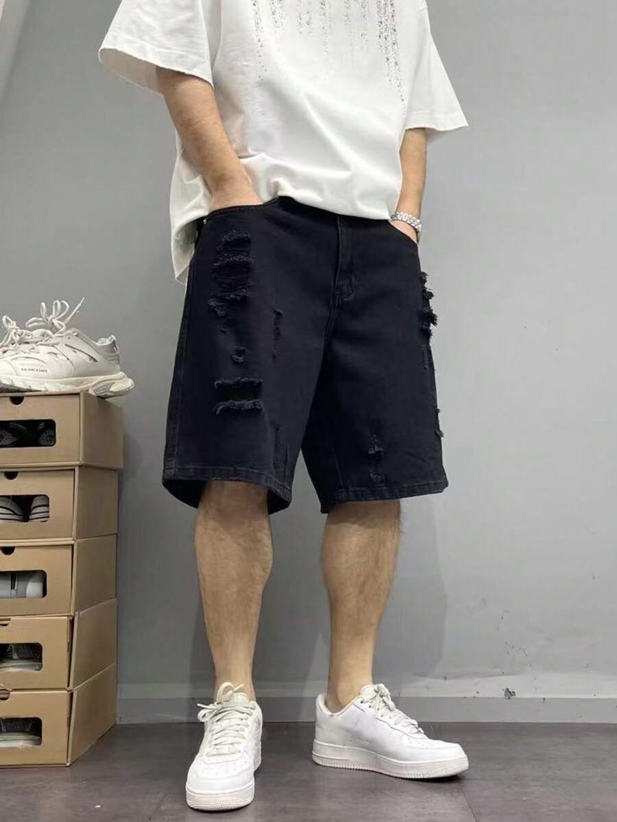 Men's Casual Distressed Denim Jeans For Summer - Black - View 1