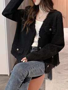 女士优雅流苏设计开衫毛衣，秋冬黑色 - 黑色 - 查看 4