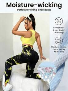 Leggings de compresión sin costuras de talle alto con diseño de líneas, diseñados para controlar la apariencia abdominal, ajuste ceñido y adelgazante para deportes - Amarillo - Ver 3