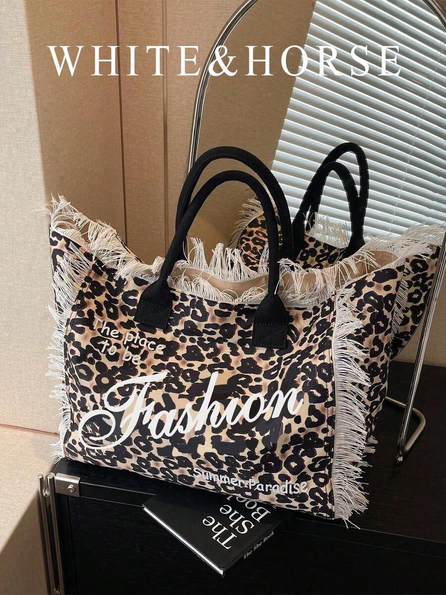 Large Capacity Commuter Tote Bag, Spring New Versatile Leopard Print Shoulder Handbag For Women - Khaki - View 1