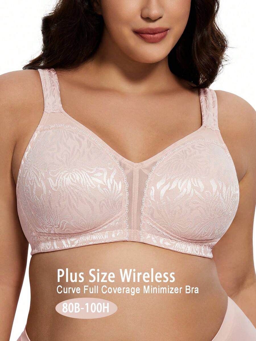 Wingslove Áo ngực không gọng màu hồng nhạt Ramadan cỡ lớn, che phủ toàn diện, dây đeo rộng, vải jacquard hoa văn, cực kỳ mềm mại và thoải mái khi mặc hàng ngày cho phụ nữ có thân hình đầy đặn.