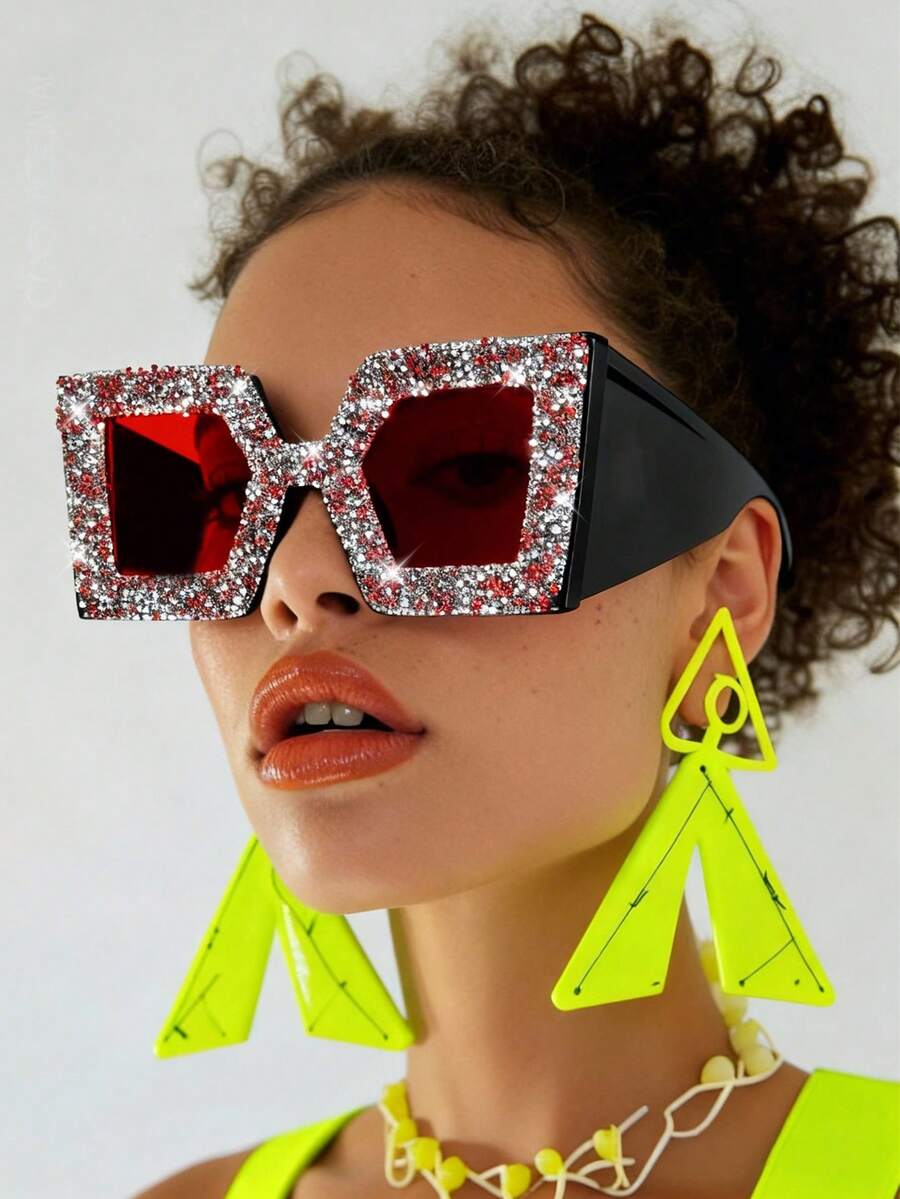 1 Pair Oversized Square Fashion Glasses, Rhinestone Embellished, Y2K Exaggerated Avant-Garde Hip Hop Style, Versatile Women's Fashion Party Glasses, Suitable For Daily Wear, Street Style, Vacation, Beach Party, Gala, And Ideal For Summer Beach Vacation, Outdoor Activities, Travel, Also Suitable For Autumn/Winter Outfits - 黑框紅鑽 - 查看 1