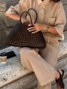 Look Polly Conjunto informal y elegante de verano para mujer de lino beige de 2 piezas, camisa abotonada y pantalones de pierna ancha para vacaciones y uso diario en primavera - Caqui - Ver 3