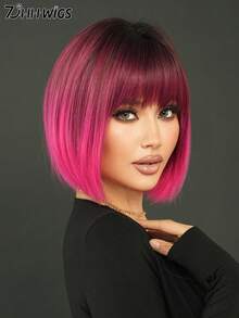 7JHH WIGS 12 Inch Ombre Rose Red Bob Wigs For Women - Gorgeous Short Straight Wigs With Bangs Dark Root, Premium Silky Synthetic Heat Resistant Fiber Fake Hair, Cute Colored Wigs For Daily Wear, Music Festivals Celebrations & Streetwear Special Use, Party Wigs Accessory - Hot Pink - View 6