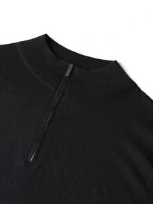 Camvyn 男士休闲宽松半拉链立领短袖毛衣，街头时尚，春夏款 - 黑色 - 查看 3