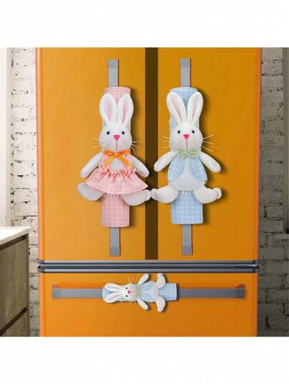 1pc Pink & Blue Bunny Refrigerator Cover, Easter Bunny Kitchen Protective Cover, Cute Cartoon Bunny Microwave & Refrigerator Handle Cover Set, Easter Kitchen Decor, Suitable For Refrigerator, Microwave, Oven, Dishwasher