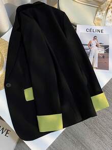 Women's Spring Fashion Black & Green Contrast-Paneled Casual Blazer Coat - Black - View 8