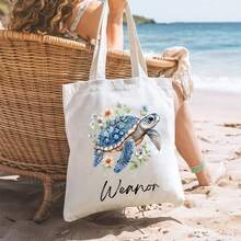个性化花卉海龟帆布手提袋，可定制名字，夏季海滩度假旅行必备，女士生日礼物 - 彩色 - 查看 4