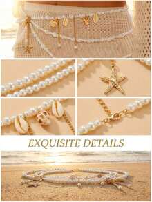 3pcs Multilayer Bohemian Beach Style Pearl Starfish Beaded Waist Chain, Beach Body Jewelry Chain For Women - 三層珍珠 - 查看 4