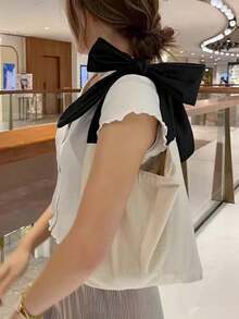 Personalized Name Canvas Tote Bag With Elegant Black Satin Ribbon, French Style Shoulder Bag, Customizable Single Initial, Suitable For Baby Shower Gift, Mom Bag, Valentine's Day Gift - Multicolor - View 3