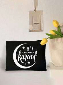 Stars Moon Pattern And Letters Ramadan Pattern Cosmetic Bag With Letters"Ramadan Kareem" Design-Linen Button Decorative Handbag, Stars Moon Printed Handbag,For Ramadan Kareem,Bismilah, Eid Mubarak, Iftar, Ramadan Theme Pattern, Large Capacity Ladies' Travel Makeup Bag - Multicolor - View 6