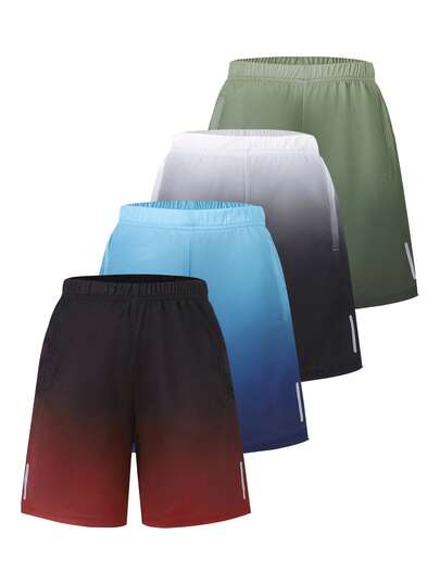 Purechapter 4pcs/Set Tween Boys' Quick Dry Mesh Gradient Sports Shorts Set, Hidden One-Piece Zipper Pocket Design, Suitable For 8-12 Years Old Boys & Girls Outdoor Sports Wear, Fashionable & Versatile, Great For Holiday Gifts, Summer