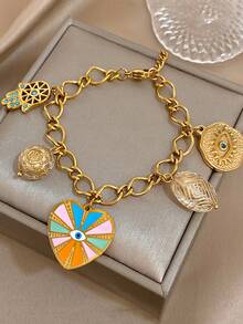 مجموعة قلادة وسوار قابلة للتعديل بتميمة قلب محظوظ بوهيمي للنساء، مطلي بالذهب عيار 18 قيراط من الفولاذ المقاوم للصدأ مع خرز أكريليك وتعاويذ عين الشر والخف، مناسبة لعيد الحب، الحفلات، الحفلات الراقية، الاستخدام اليومي، المواعدة، مهرجانات الموسيقى، العطلات، أعياد الميلاد، هدية رمزية أنيقة - متعدد الألوان - مشاهدة 6