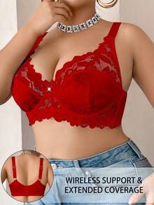 Plus Size Women Fashion Lace Patchwork Underwire Bra - Red - View 3