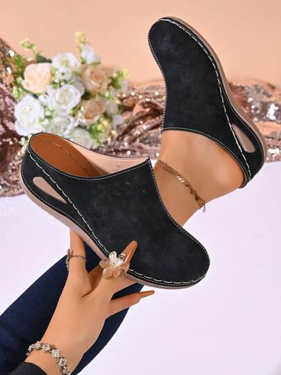 Women's New Round Toe Casual Floral Pattern Hollow Breathable Design Slip-On Flat Mules, Minimalist & Comfortable