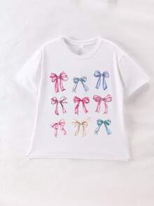 Teenage Girls' Bow Print Short Sleeve T-Shirt, Teenage Girls' Summer Round Neck Top - White - View 3