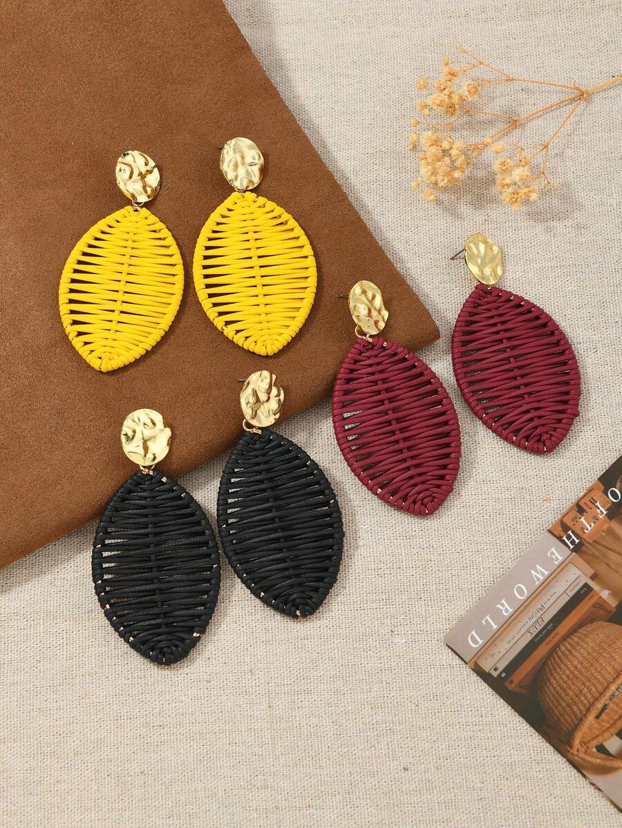 1 par de pendientes hechos a mano con hojas rojas tejidas, adecuados para atuendos diarios y de vacaciones de mujeres - Burdeos - Ver 1