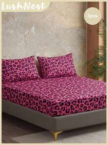 3pcs Modern Leopard Print Sheet Set (1pc Fitted Sheet + 2pcs Pillowcases, No Filler), Soft Polyester, Breathable & Machine Washable,Retro Patterns Bedding ,For All Seasons - Multicolor - View 2